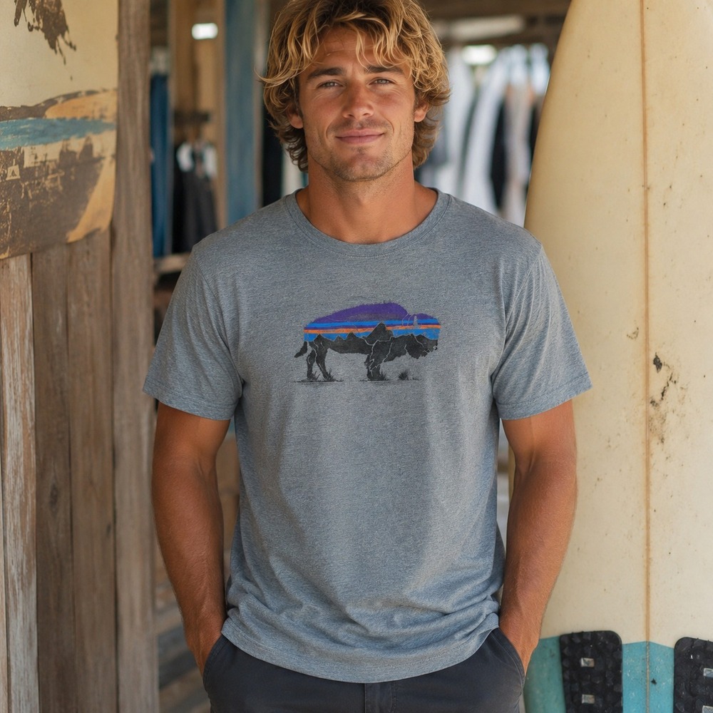 Patagonia Fitz Roy Bison Responsibili-Tee Men's M Gray Buffalo Graphic T-Shirt